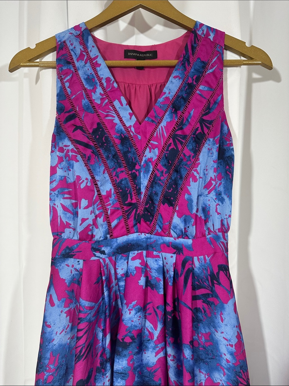 Banana Republic Petite 00 Floral Fit Flare Dress Pink Blue Sleeveless Party - Picture 4 of 9